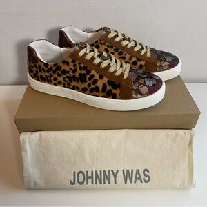 NEW JOHNNY WAS Leopard Print Calf Hair & Floral Sneakers Tennis Shoes | Size 6